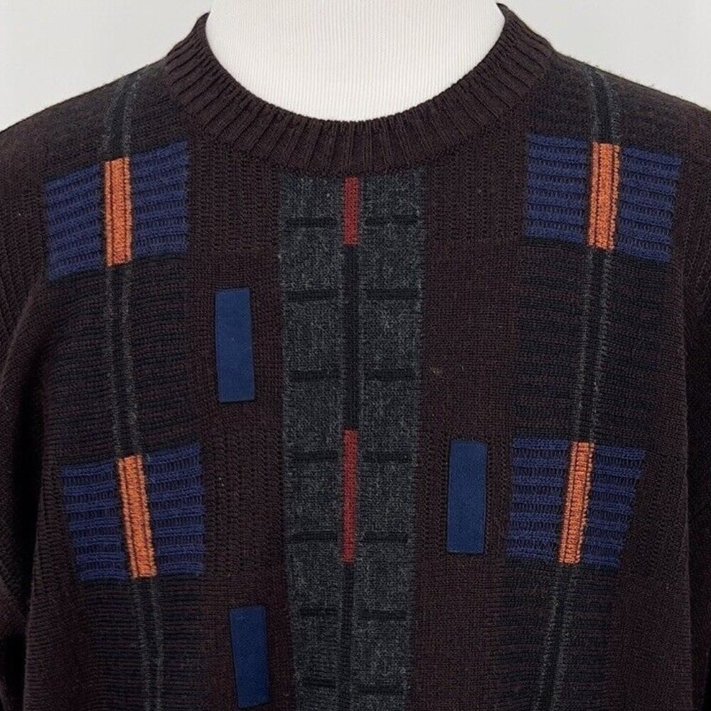 Barcelina Men's Pullover Crewneck Sweater 58 Extra Large Brown Blue Orange Wool